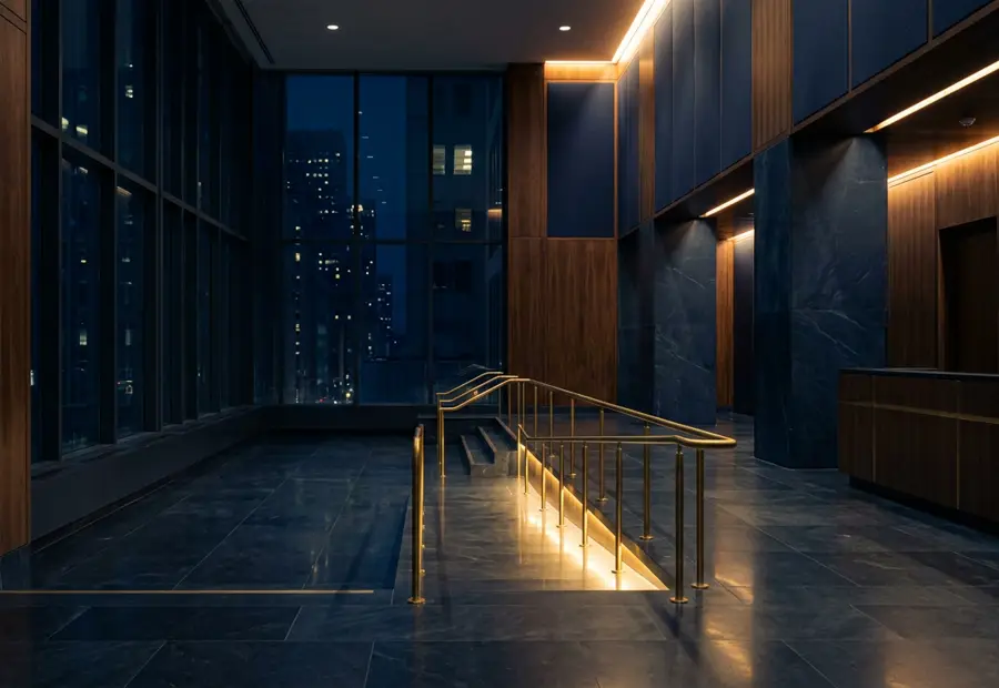 A quiet institutional lobby in navy stone and dark walnut at night