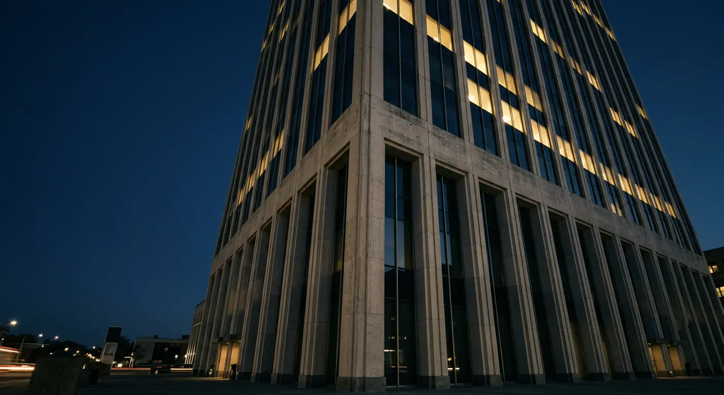 A limestone and glass office tower photographed at blue hour